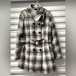Pura Vida Brown and Grey with Gold Tinseling Plaid Women's Belted Peacoat